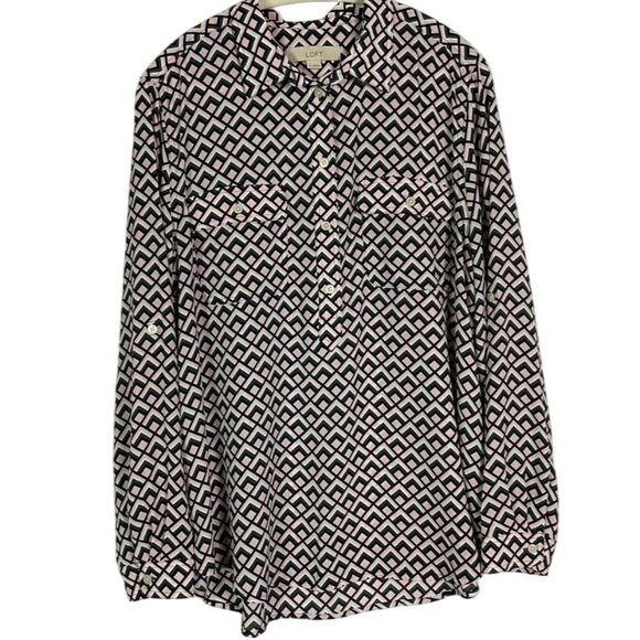LOFT Tab Sleeve Geometric Top, Size XL, Navy blue, Pink, Green, White - Picture 1 of 12